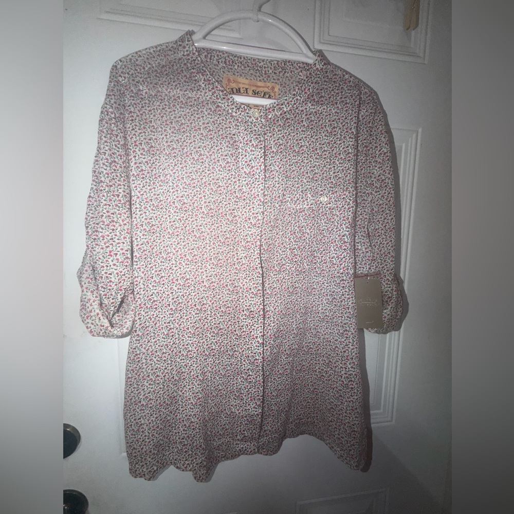 Anthropologie (Ana Soft) Cream Blouse with Pink and Green Tiny Floral Print